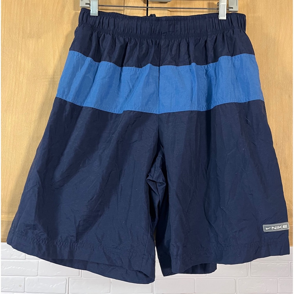 Nike Nylon Mesh Lined Shorts Mens L Navy Blue Excellent Vintage Striped Swim